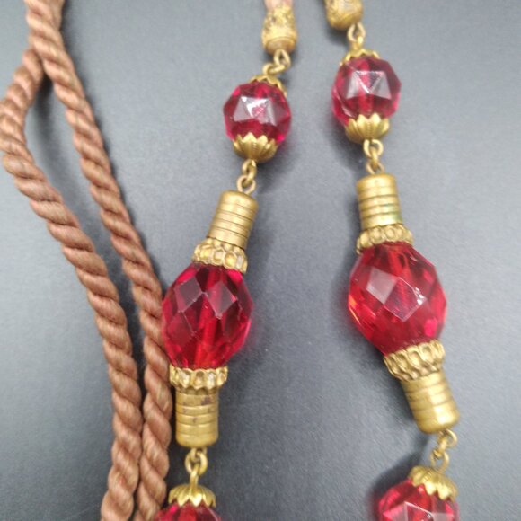 Vintage Red Czech Glass & Brass Etruscan Twisted 38'' Necklace - Picture 3 of 8